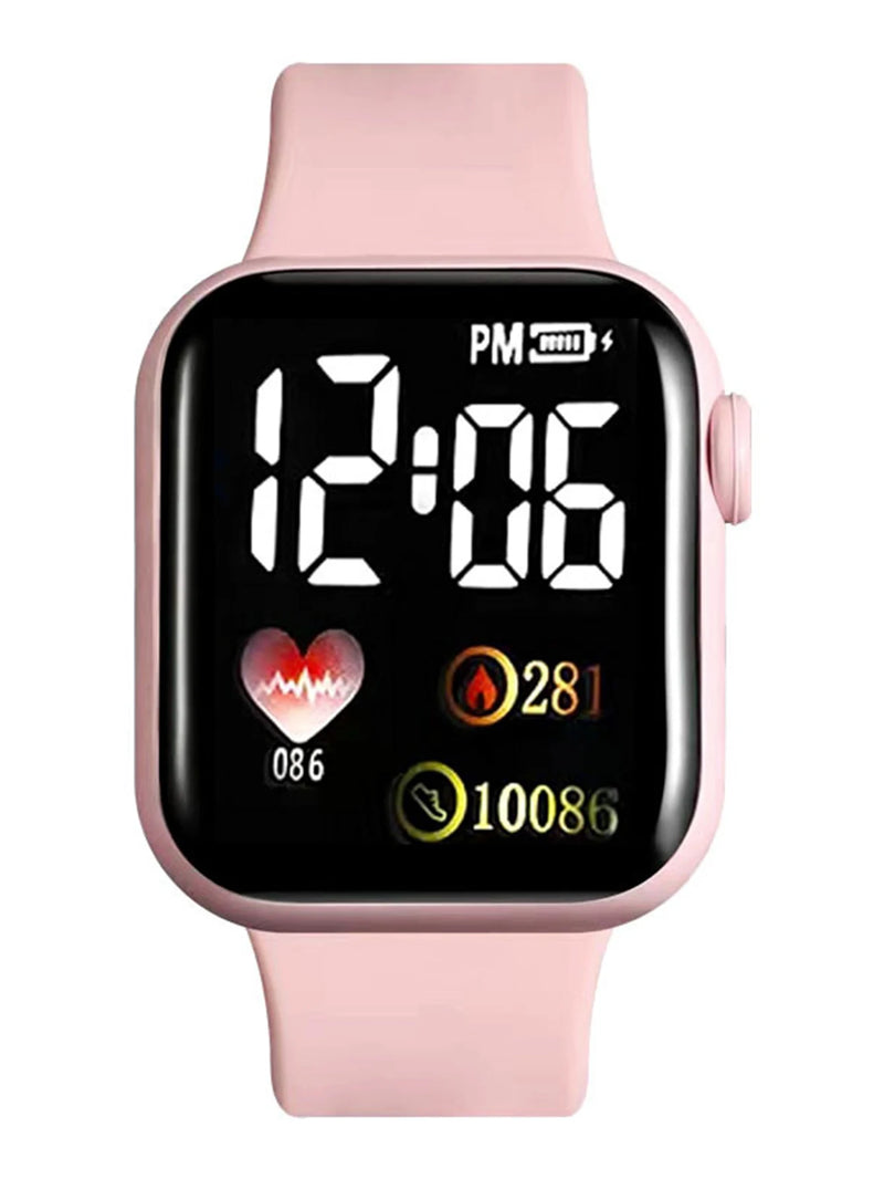 Pink sport simple rectangular silicone women's digital watch with heart full diamond necklace set birthday gift