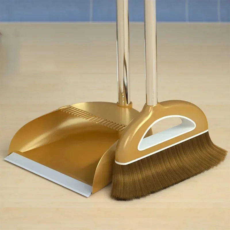 Gold Broom Dustpan Set Folding Dustpan Long Handle Rubber Wiper Space-saving Floor Cleaner Kit Household Cleaning Accessory