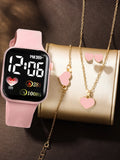 Pink sport simple rectangular silicone women's digital watch with heart full diamond necklace set birthday gift