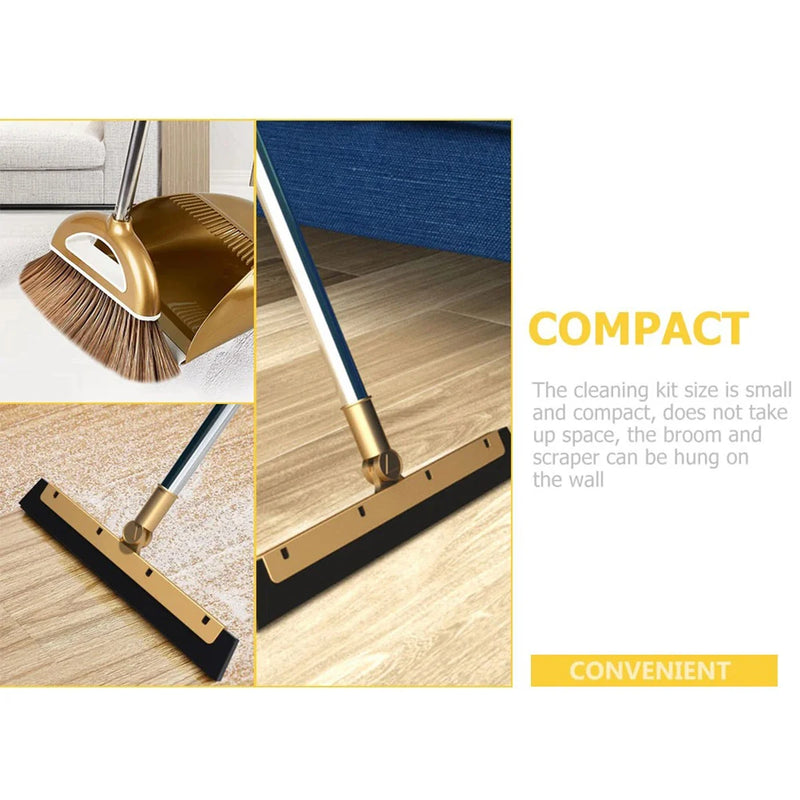 Gold Broom Dustpan Set Folding Dustpan Long Handle Rubber Wiper Space-saving Floor Cleaner Kit Household Cleaning Accessory