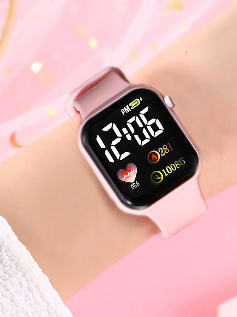 Pink sport simple rectangular silicone women's digital watch with heart full diamond necklace set birthday gift