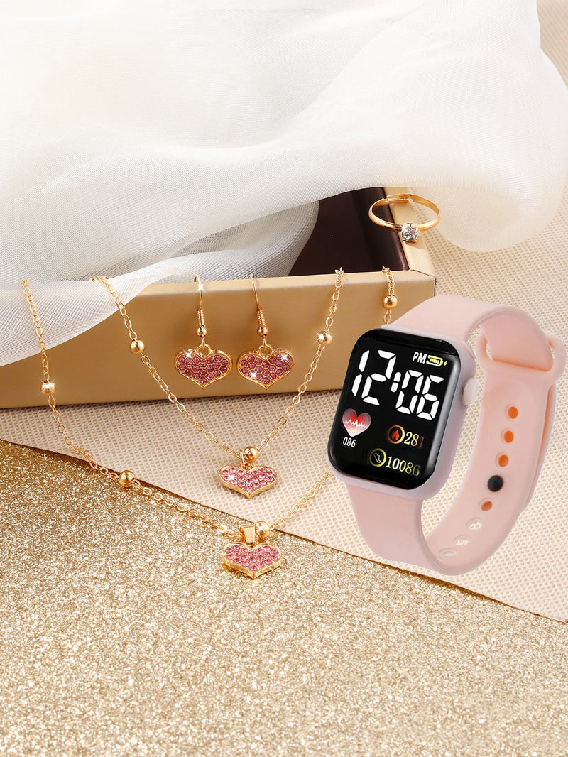 Pink sport simple rectangular silicone women's digital watch with heart full diamond necklace set birthday gift