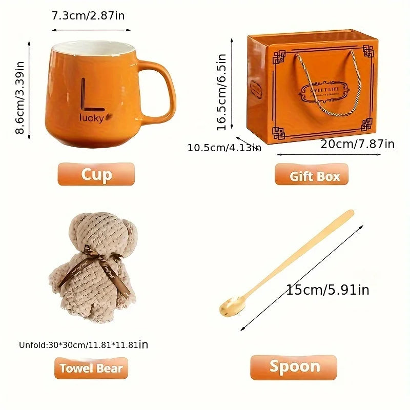 4 in 1 Ceramic Coffee Cup Set With Towel Bear & Spoon For Weddings, Birthdays, And Special Occasions - Includes Gift Box