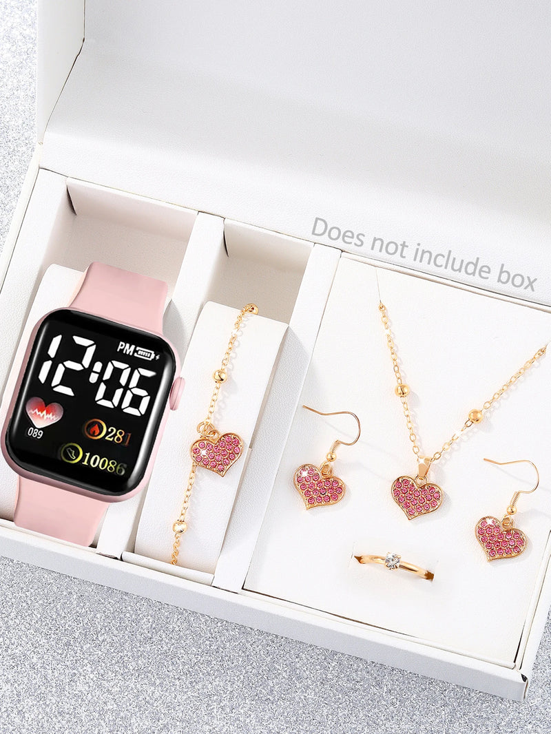 Pink sport simple rectangular silicone women's digital watch with heart full diamond necklace set birthday gift