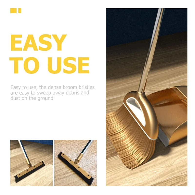 Gold Broom Dustpan Set Folding Dustpan Long Handle Rubber Wiper Space-saving Floor Cleaner Kit Household Cleaning Accessory