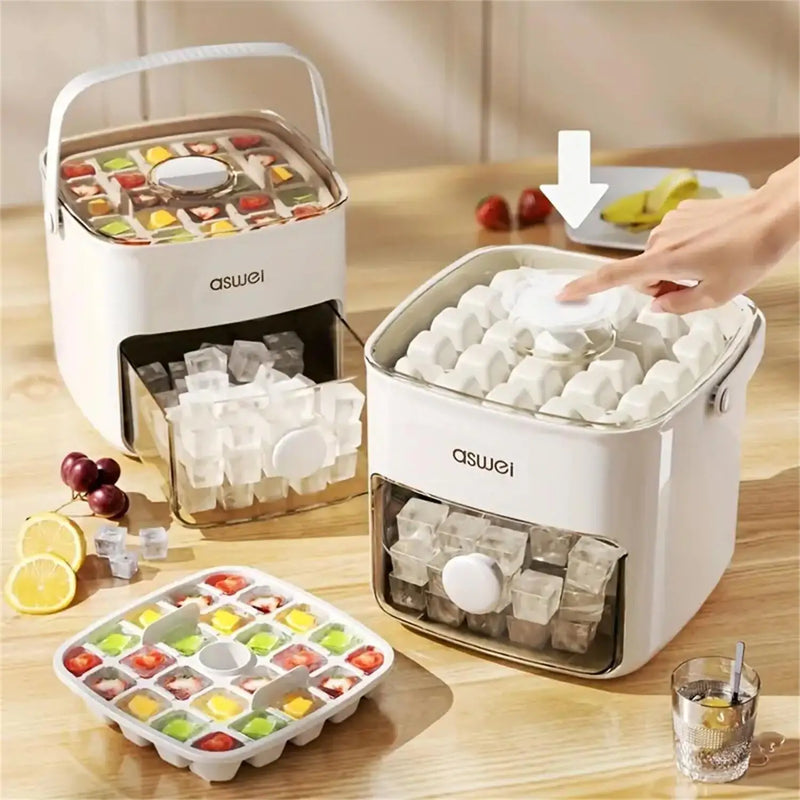 Double-Layer Push-Pop Ice Cube Maker with Storage Case - PET Material, Lead-Free, Portable Ice Tray Box for Freezer Storage