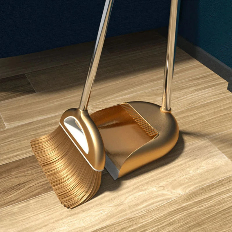 Gold Broom Dustpan Set Folding Dustpan Long Handle Rubber Wiper Space-saving Floor Cleaner Kit Household Cleaning Accessory