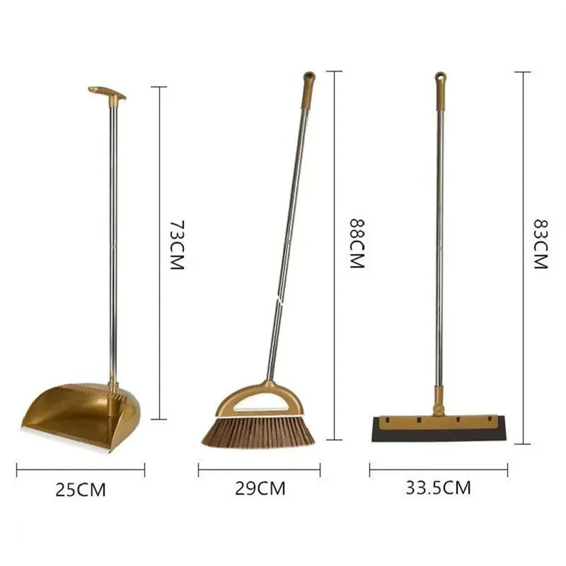 Gold Broom Dustpan Set Folding Dustpan Long Handle Rubber Wiper Space-saving Floor Cleaner Kit Household Cleaning Accessory