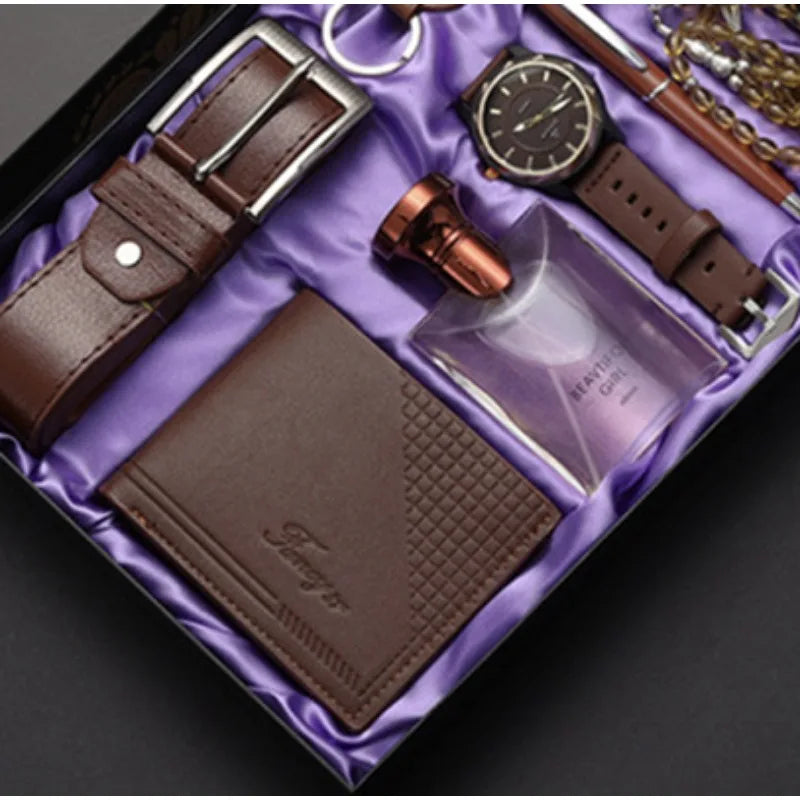 Men Gift Business Luxury Company Mens Set 6 in 1 Watch Glasses Pen Keychain Belt Purse Welcome Holiday Birthday