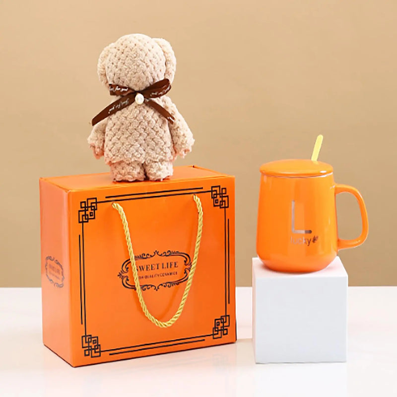 4 in 1 Ceramic Coffee Cup Set With Towel Bear & Spoon For Weddings, Birthdays, And Special Occasions - Includes Gift Box